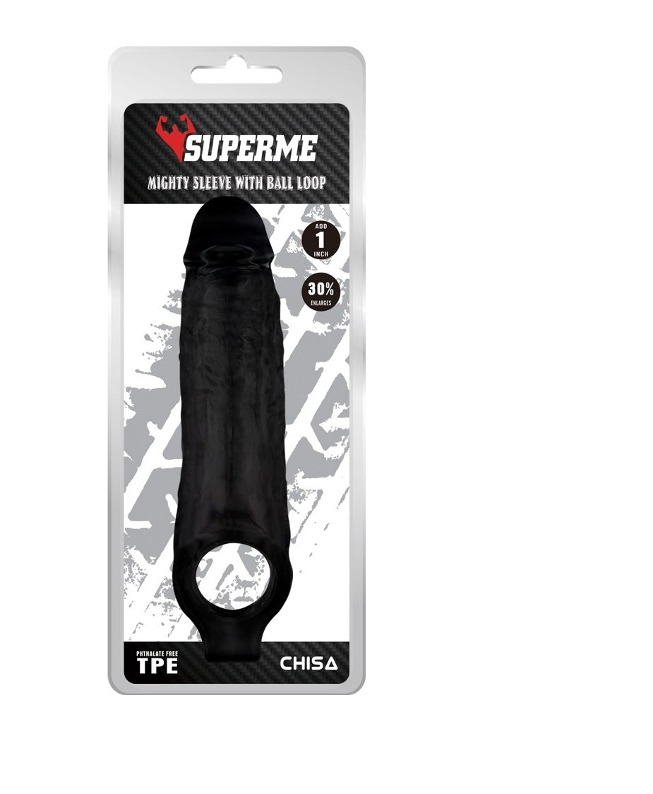 Funda Extensión 18cm Negro Extensor Pene Mas Grande Grueso Mighty Sleeve With Ball Loop-Black