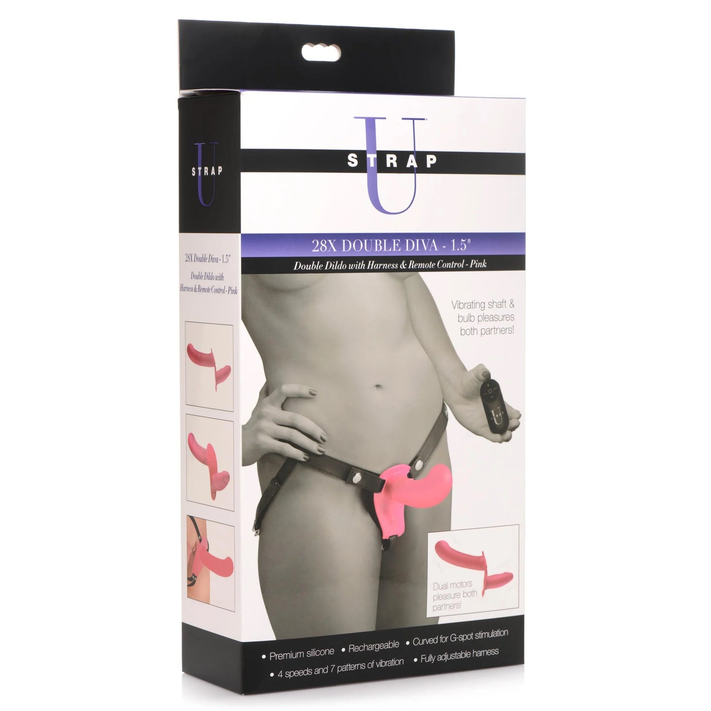 Arnés Dildo Strap On 16cm Doble Estimulación Recargable 28X Double Diva 1.5" Double Dildo W- Harness & Remote - Pink