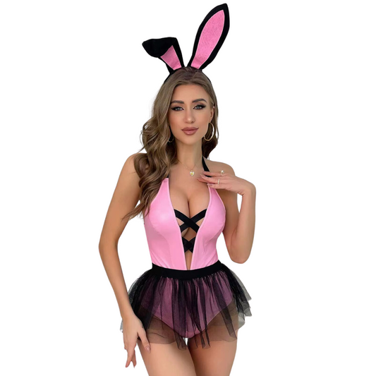 Lencería Sexy Disfraz Conjunto Set Conejita Rosa Detalles Tutú Lenceria