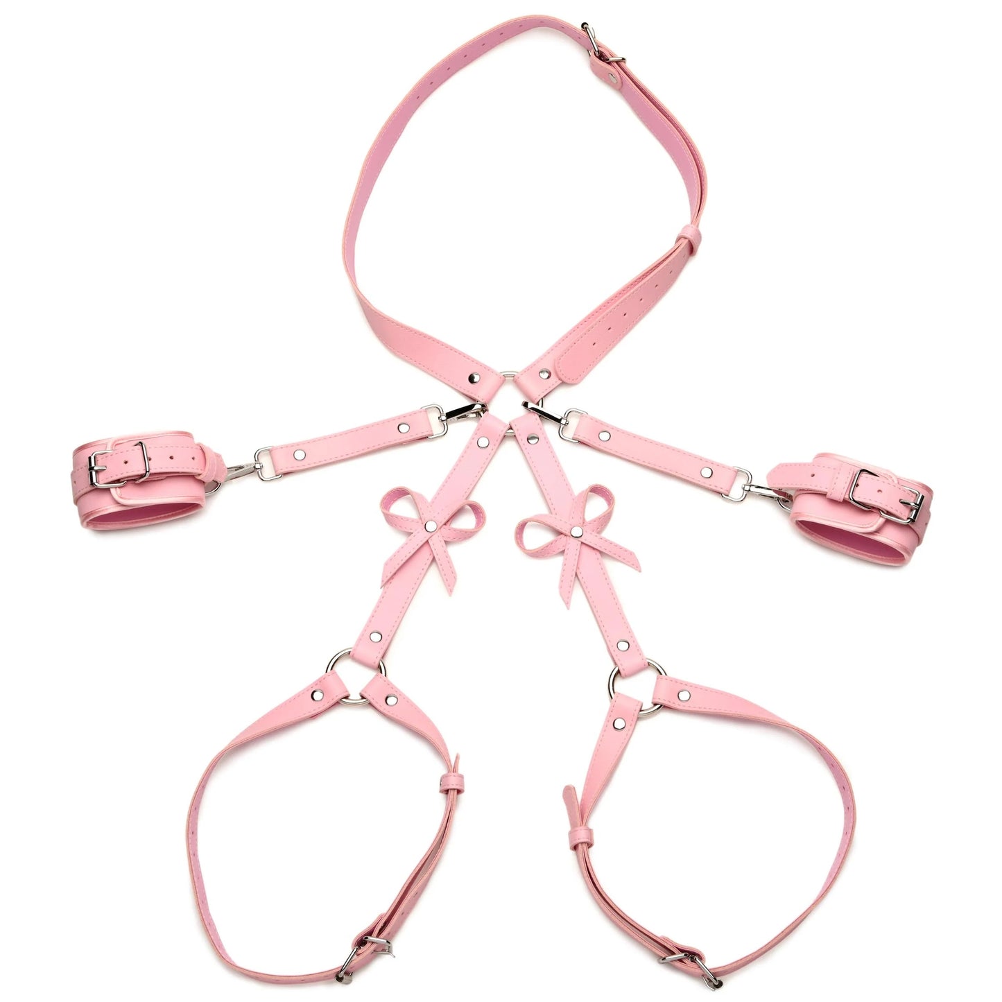 Bondage Arnés Con Esposas Bdsm Ajustable Mujer Piel Bondage Harness W/ Bows - M/L - Pink