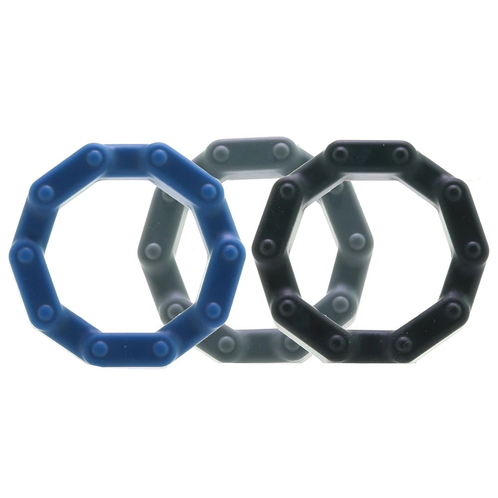 Anillo Retención Retardar Liga Para Pene 3 Cock Ring Set ANAL-ESE CHAINLINK COCK RINGS-BLACK, BLUE, GREY