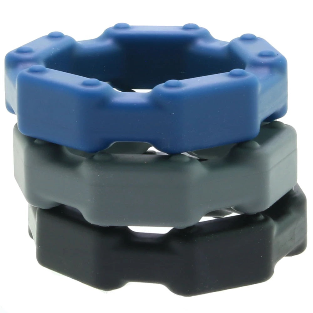 Anillo Retención Retardar Liga Para Pene 3 Cock Ring Set ANAL-ESE CHAINLINK COCK RINGS-BLACK, BLUE, GREY