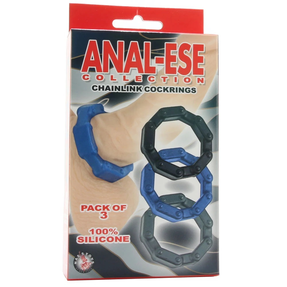 Anillo Retención Retardar Liga Para Pene 3 Cock Ring Set ANAL-ESE CHAINLINK COCK RINGS-BLACK, BLUE, GREY