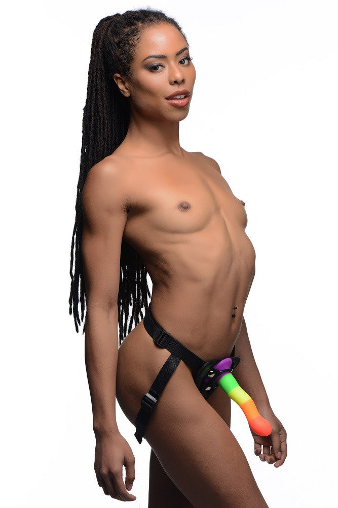 Arnes Con Dildo Suave Flexible 18cm Vaginal O Anal Strap-on Proud Rainbow Silicone Dildo with Harness
