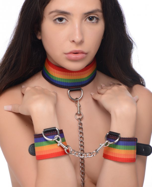 Esposas Principiantes Collar Correa Bdsm Gay Kinky Pride Rainbow Bondage Set