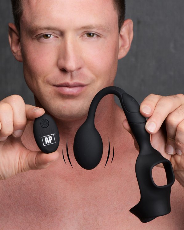 Anillo Para El Pene Con Plug Anal Vibrador Recargable 10X P-BOMB Cock & Ball Ring w/ Vibrating Anal Plug