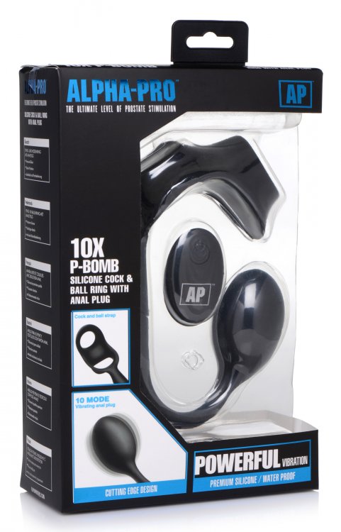 Anillo Para El Pene Con Plug Anal Vibrador Recargable 10X P-BOMB Cock & Ball Ring w/ Vibrating Anal Plug