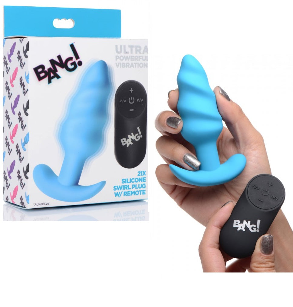 Plug Vibrador Anal Estimulador Principiante Unisex Recargable 21X Remote Control Vibrating Silicone Swirl Butt Plug - Blue