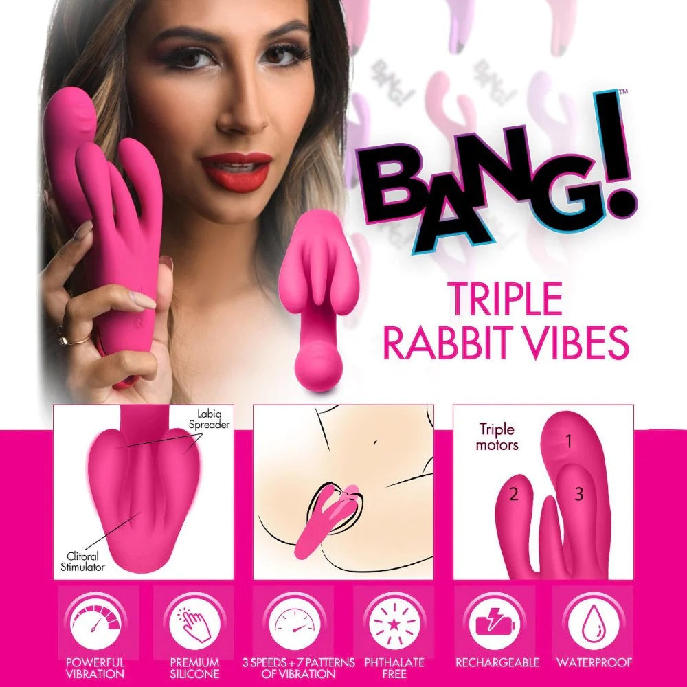 Triple Vibrador Estimulador Vaginal Clítoris Recargable Bang Triple Rabbit Vibrator - Pink
