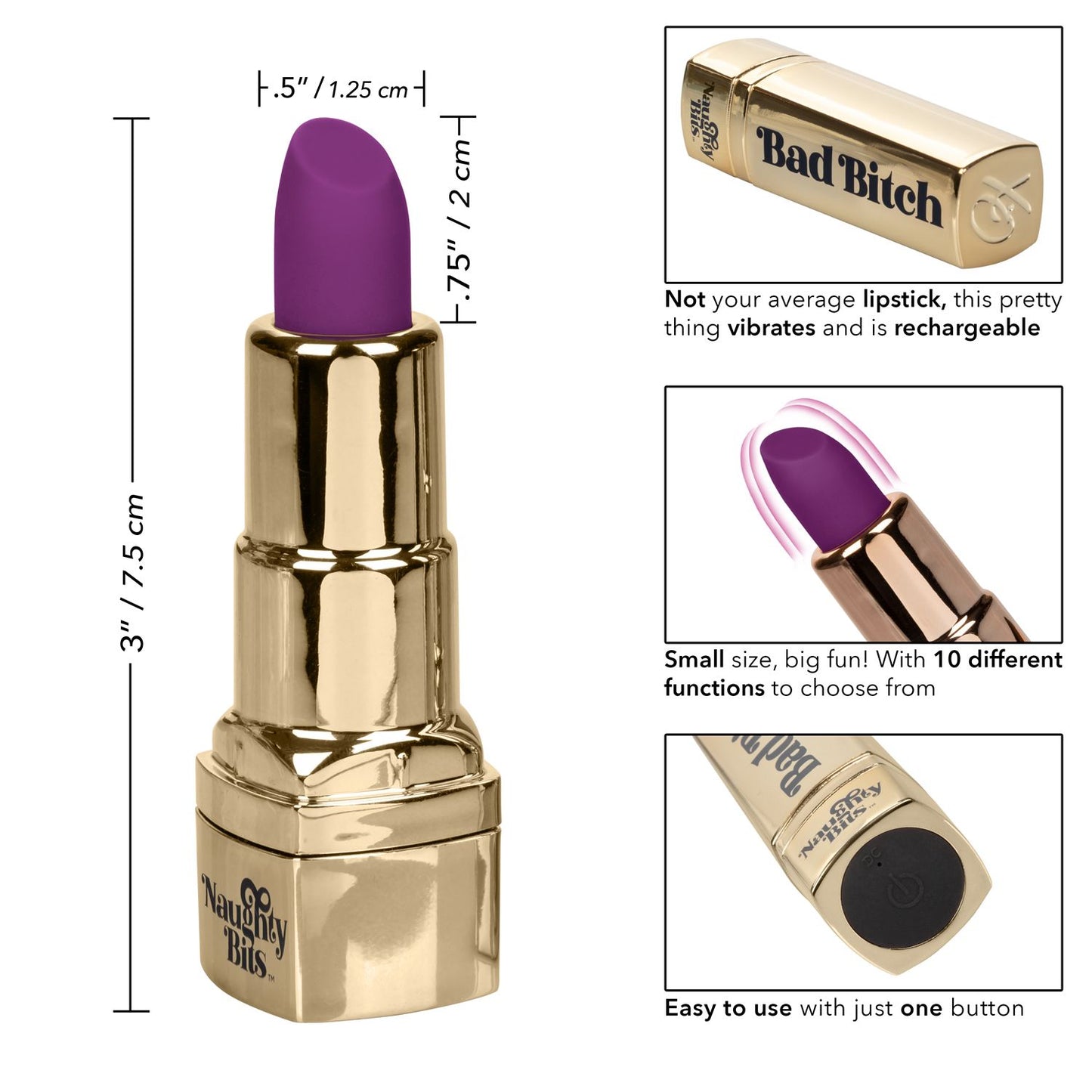 Mini Vibrador Labial con Vibracion Bala Estimulador Vaginal Vibrador Discreto Naughty Bits Bad Bitch Lipstick Vibrator