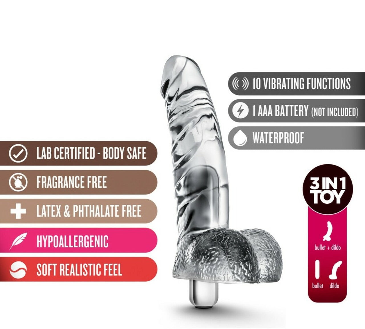 Dildo Anal Vaginal 14cm Pequeño Principiantes Ding Dong Naturally Yours - Vibrating Ding Dong - Clear