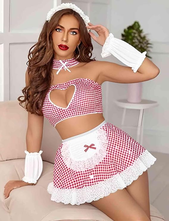 Lencería Sexy Disfraz Conjunto Set Rosa Detalles Lenceria Blanco y Rosa Women's Maid Costume Lingerie Set