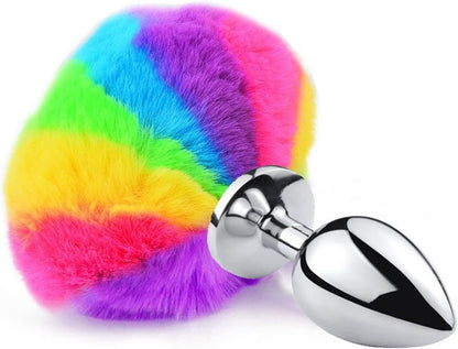 Plug Anal Chico Tamaño Principiante  Multicolor Metal Bunny Tail Rainbow Butt Plug