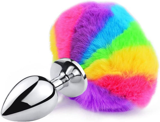 Plug Anal Chico Tamaño Principiante  Multicolor Metal Bunny Tail Rainbow Butt Plug