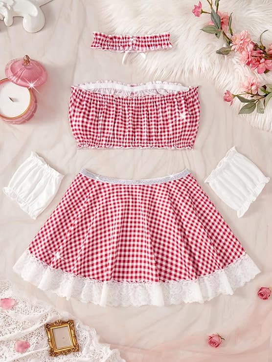 Lencería Sexy Disfraz Conjunto Set Rosa Detalles Lenceria Blanco y Rosa Women's Maid Costume Lingerie Set