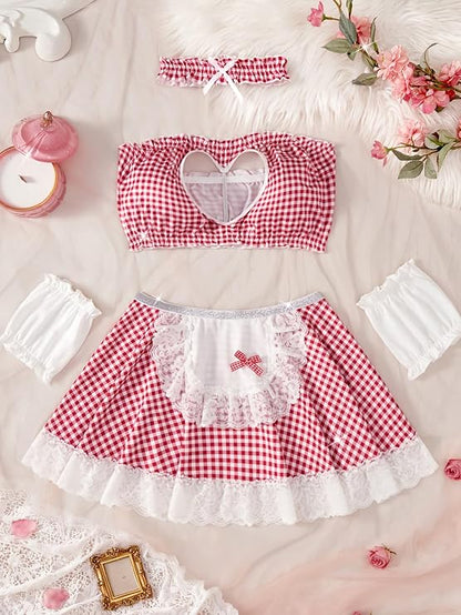 Lencería Sexy Disfraz Conjunto Set Rosa Detalles Lenceria Blanco y Rosa Women's Maid Costume Lingerie Set