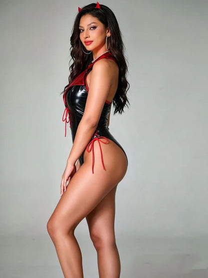 Lencería Sexy Disfraz Conjunto Set Negro Detalles Lenceria Rojo  Women's Devil Costume Lingerie Set