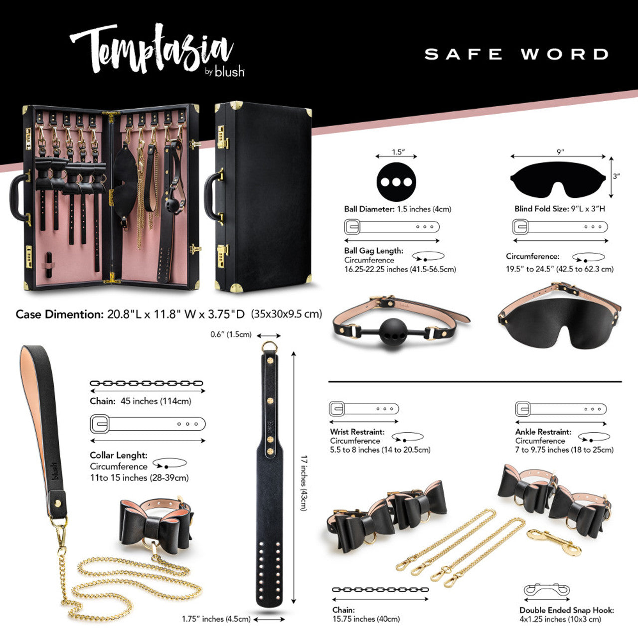 Hermoso Bondage Set Esposas Piernas Manos Y Collar Maletin Temptasia - Safe Word - Bondage Kit with Suitcase - Black