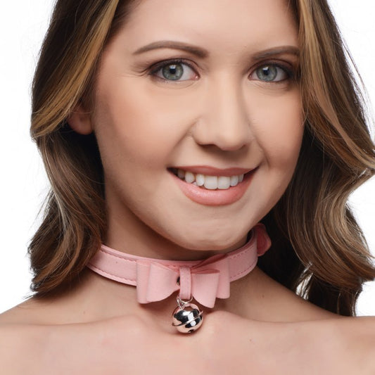 Collar Boundage Cuero Gatita Cascabel  Sugar Kitty Cat Bell Collar - Pink/Silver